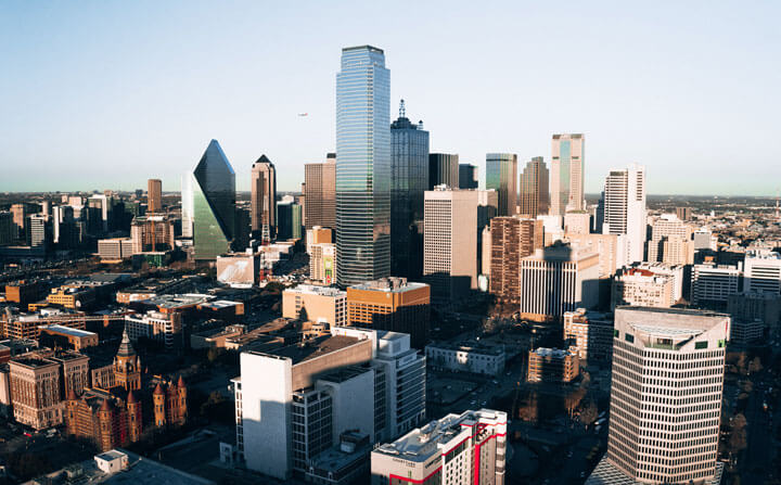 Aerial view of downtown Dallas, Texas skyscrapers