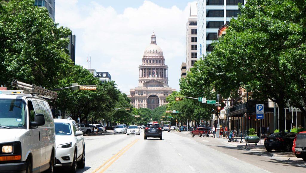 View of the Austin Capitol building from the street in Austin, Texas.