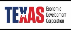 Texas Economic Development logo with red white and blue Texas letters in between black bars