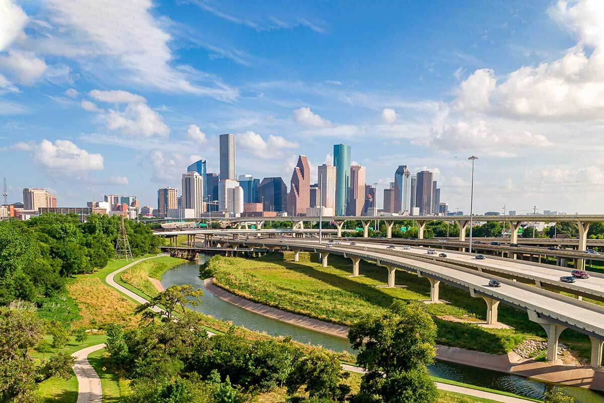 Highways and waterway in front of Downtown Houston, Texas
