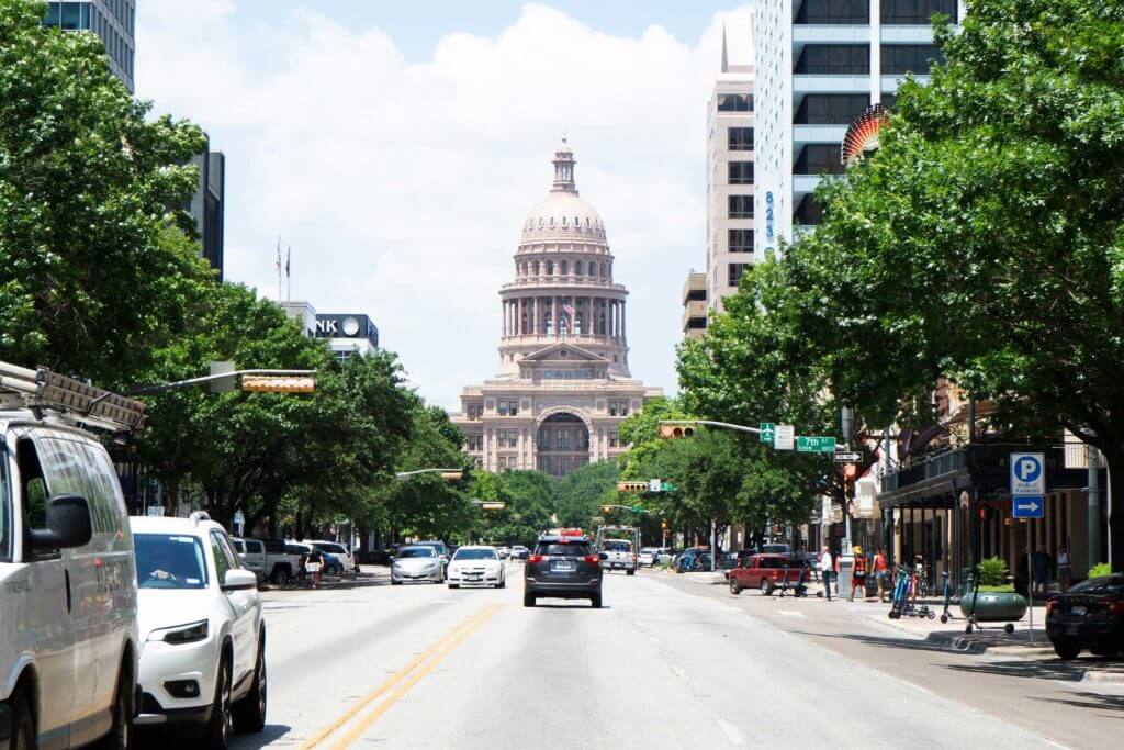 View of the Austin Capitol building from the street in Austin, Texas.