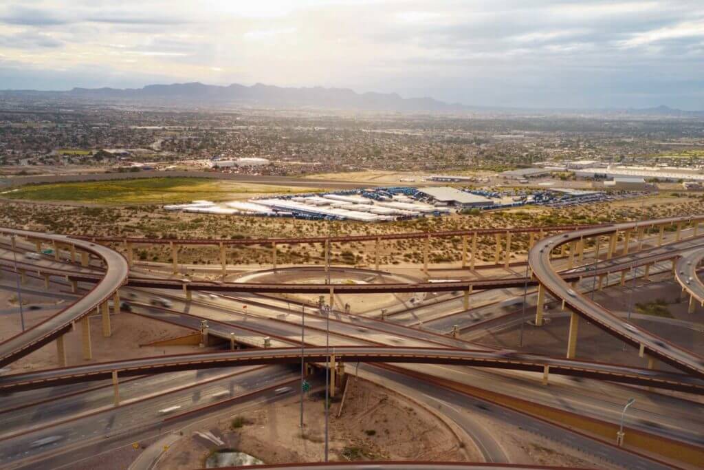 A large interconnected system of highways and overpasses converges in El Paso, Texas.