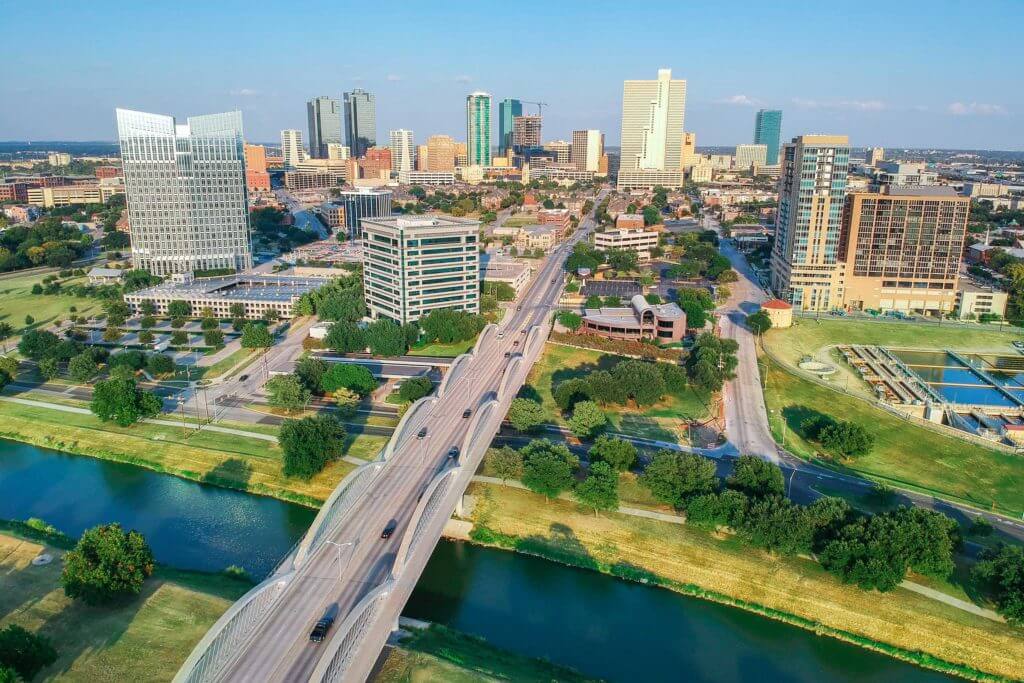 An aerial shot of a long bridge leading into downtown Fort Worth in Texas.