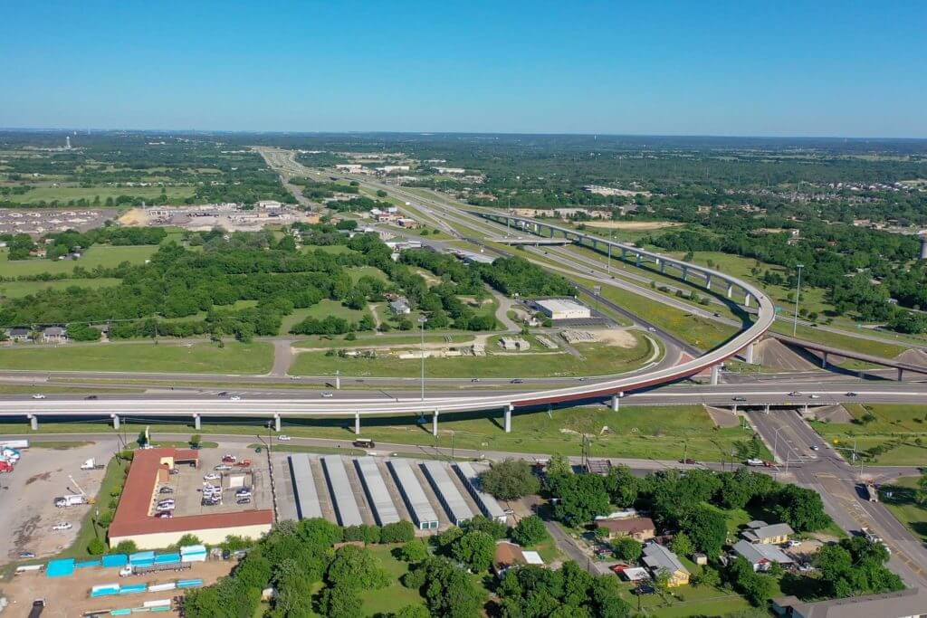 Aerial view of highway overpass in Temple, Texas.