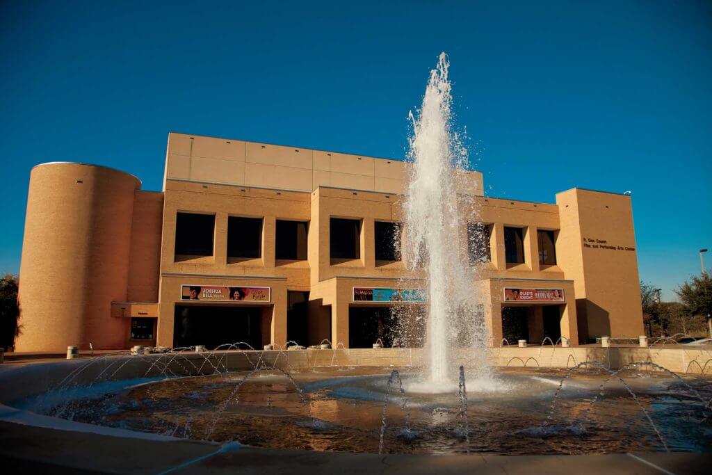 A fountain sits outside the Cowen Center for Performing Arts at The University of Texas at Tyler.