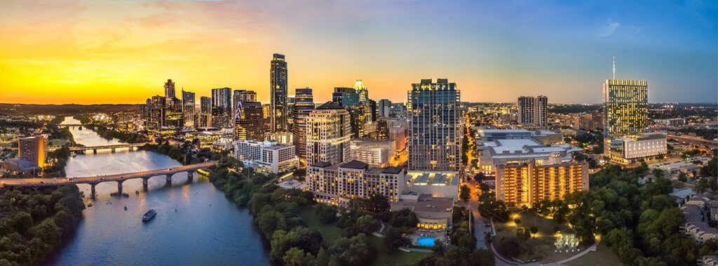 Austin, Texas skyline in the evening and blue hour