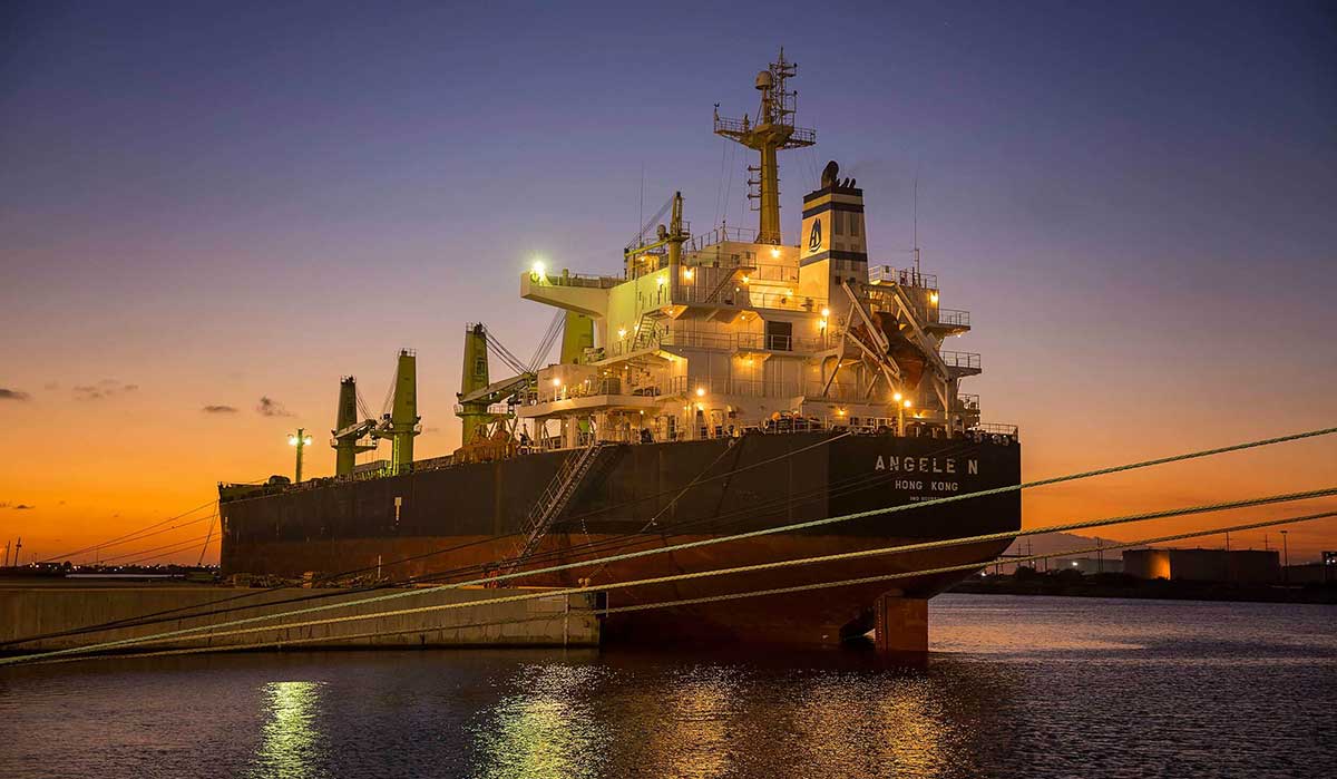 Hong Kong ship in Houston, Texas port at dusk