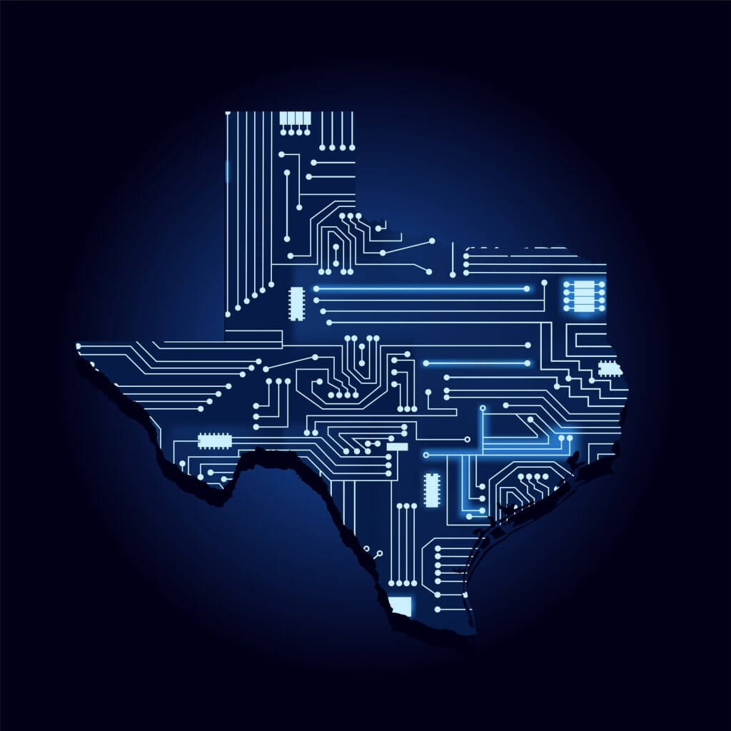 Texas state map with electronic circuit for technology