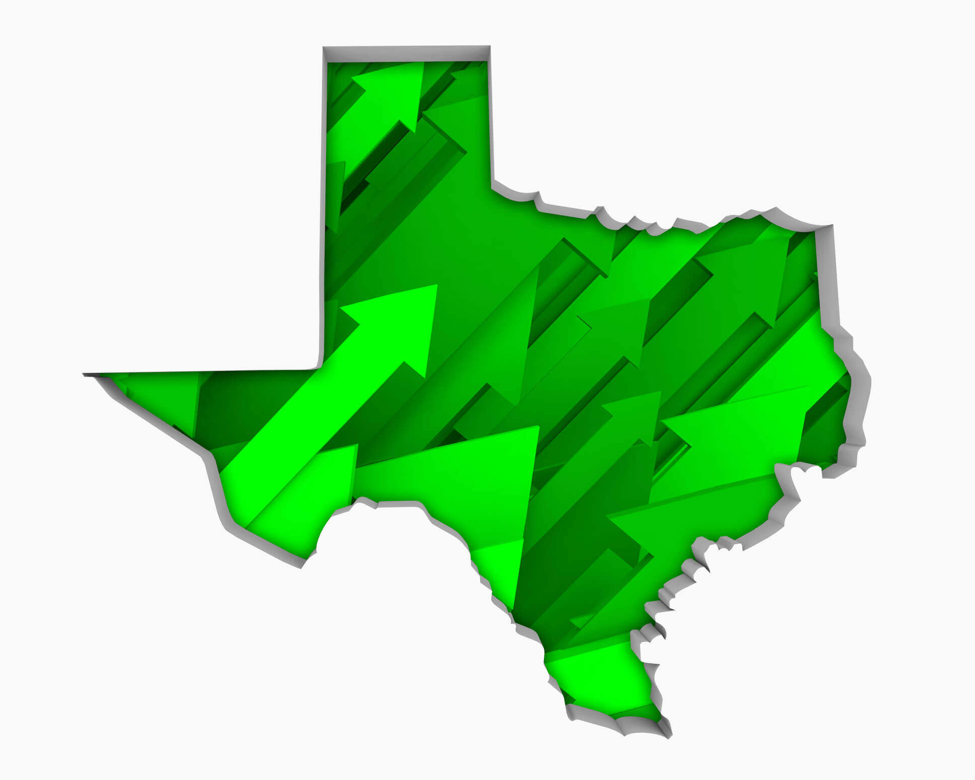 Texas state map with green arrows pointing up