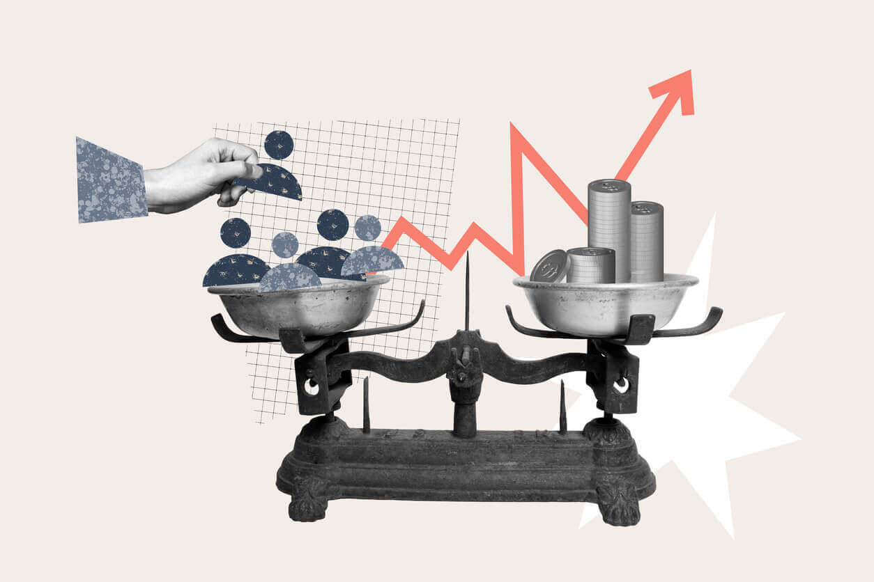 Collage of hand put stone dollar currency income bank comparison weight capital profit business arrow success demonstrating Texas state budget surplus