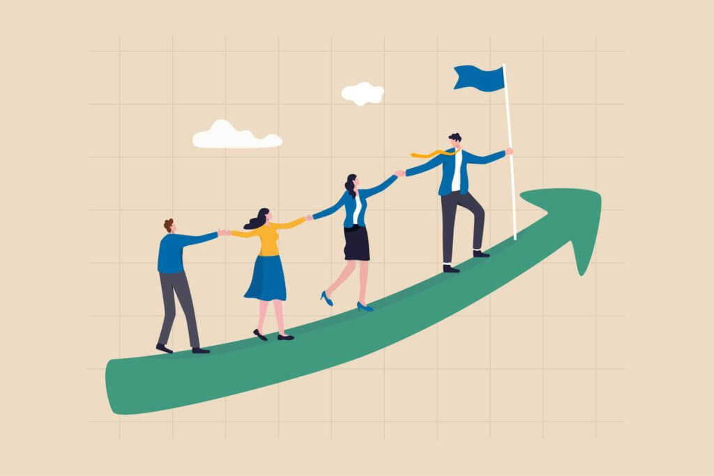Businessman leader holding hand with employees walking up arrow as they are achieving goals together
