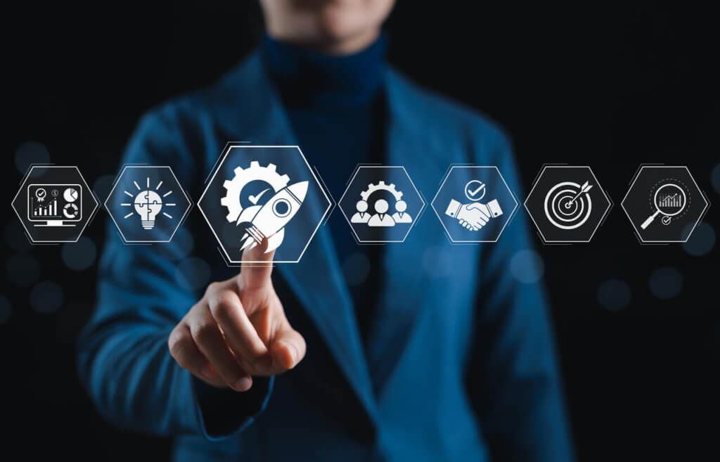 Rocket icon with startup, idea, teamwork, partnership, and growth, symbolizing small business innovation, launch strategies, and organizational development in Texas