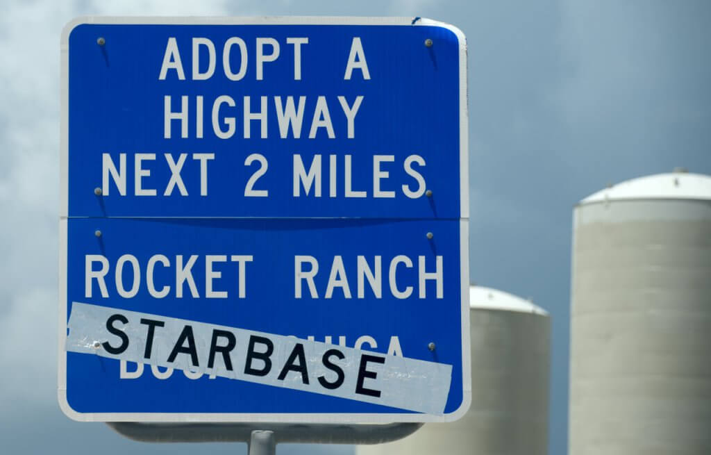 Road sign pointing to the new SpaceX Starbase in Boca Chica, Texas