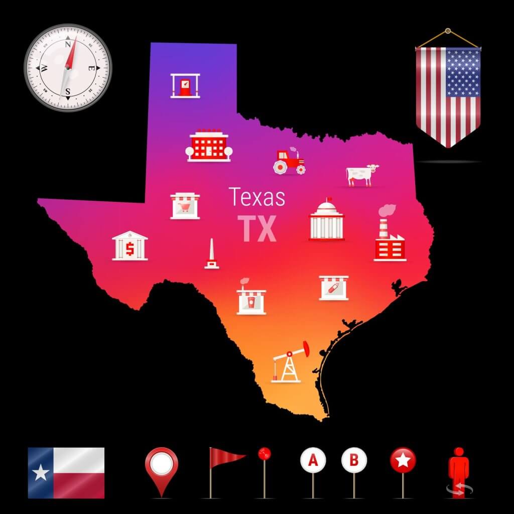 Texas Vector Map, Night View. Compass Icon, Map Navigation Elements.