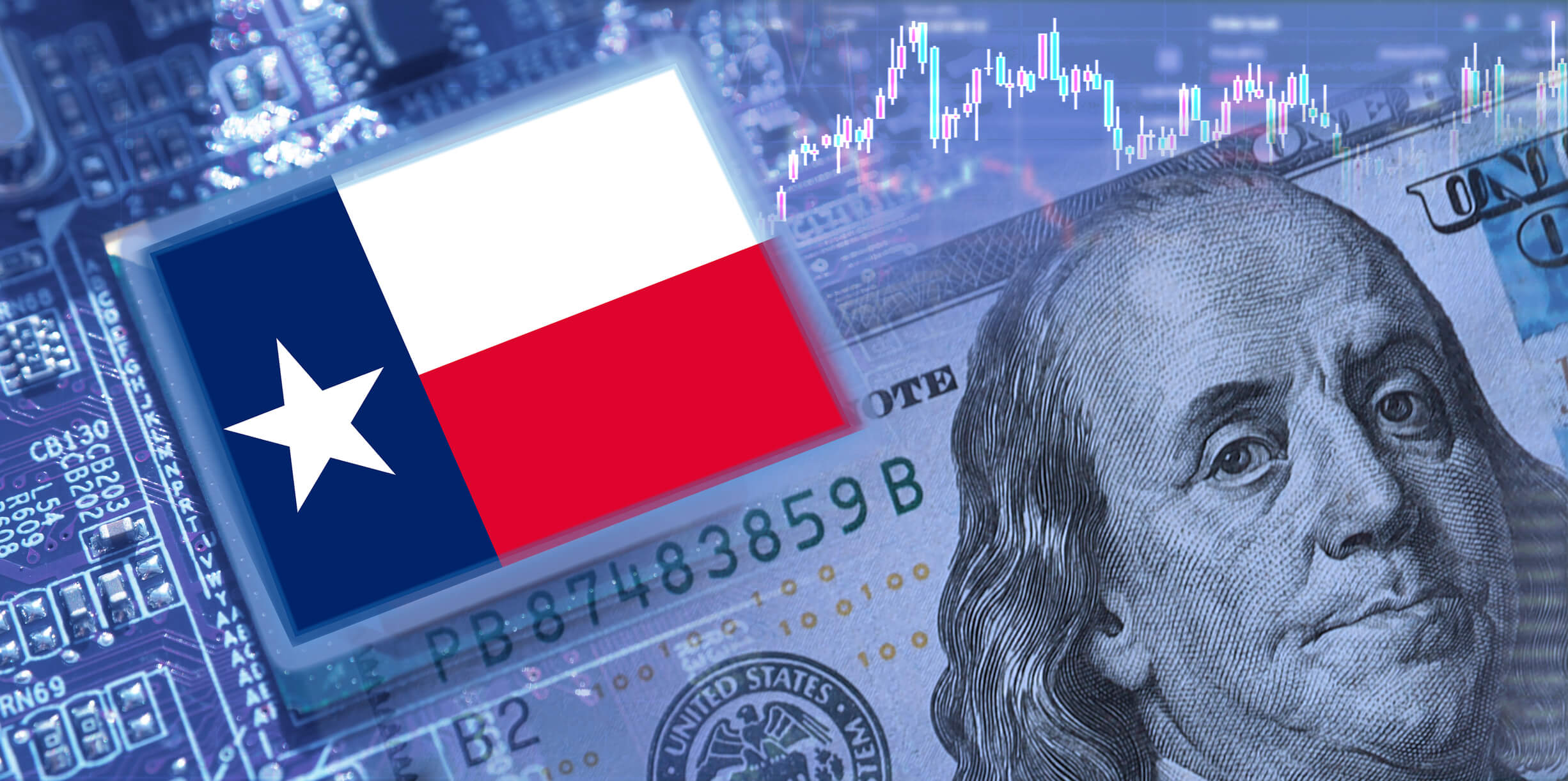 Flag of State of Texas over hi-tech concept representing AI reshaping Texas's Financial Sector