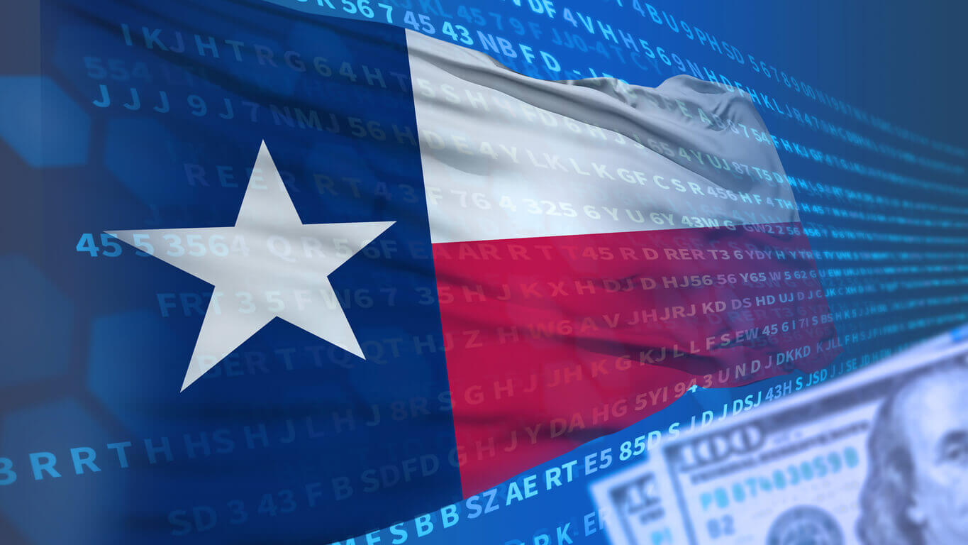 Texas state flag overlaid on a digital stock market ticker and U.S. dollar imagery, representing a Texas-focused stock exchange and financial markets.