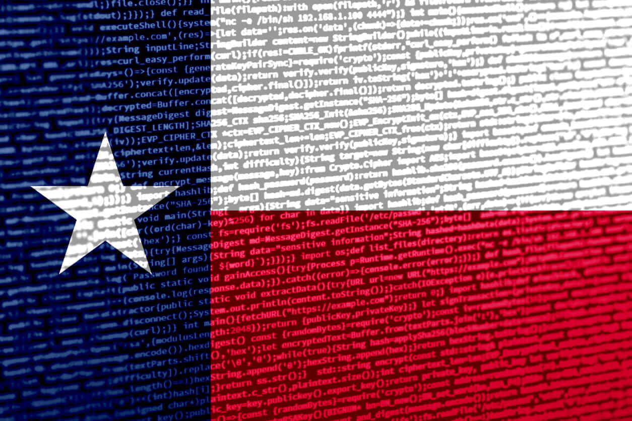 Digital concept with the flag of Texas on a tech background. Texas in the context of cybersecurity, programming, and digital sovereignty. Symbolic image of site development in Texas.