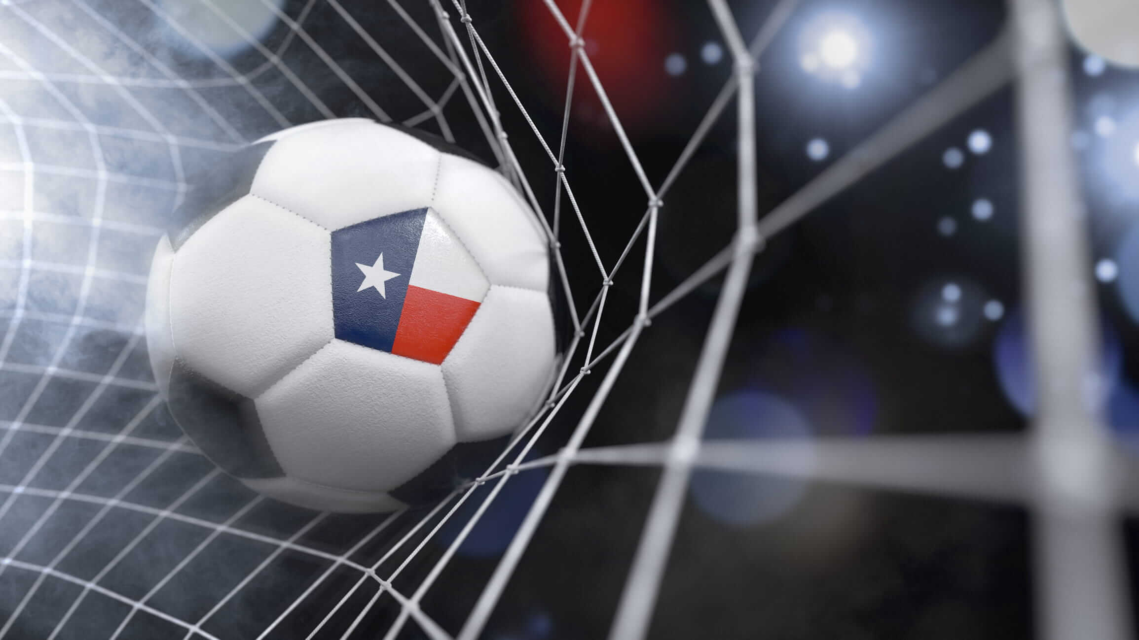 rendering of a soccer ball with the flag of Texas in the net