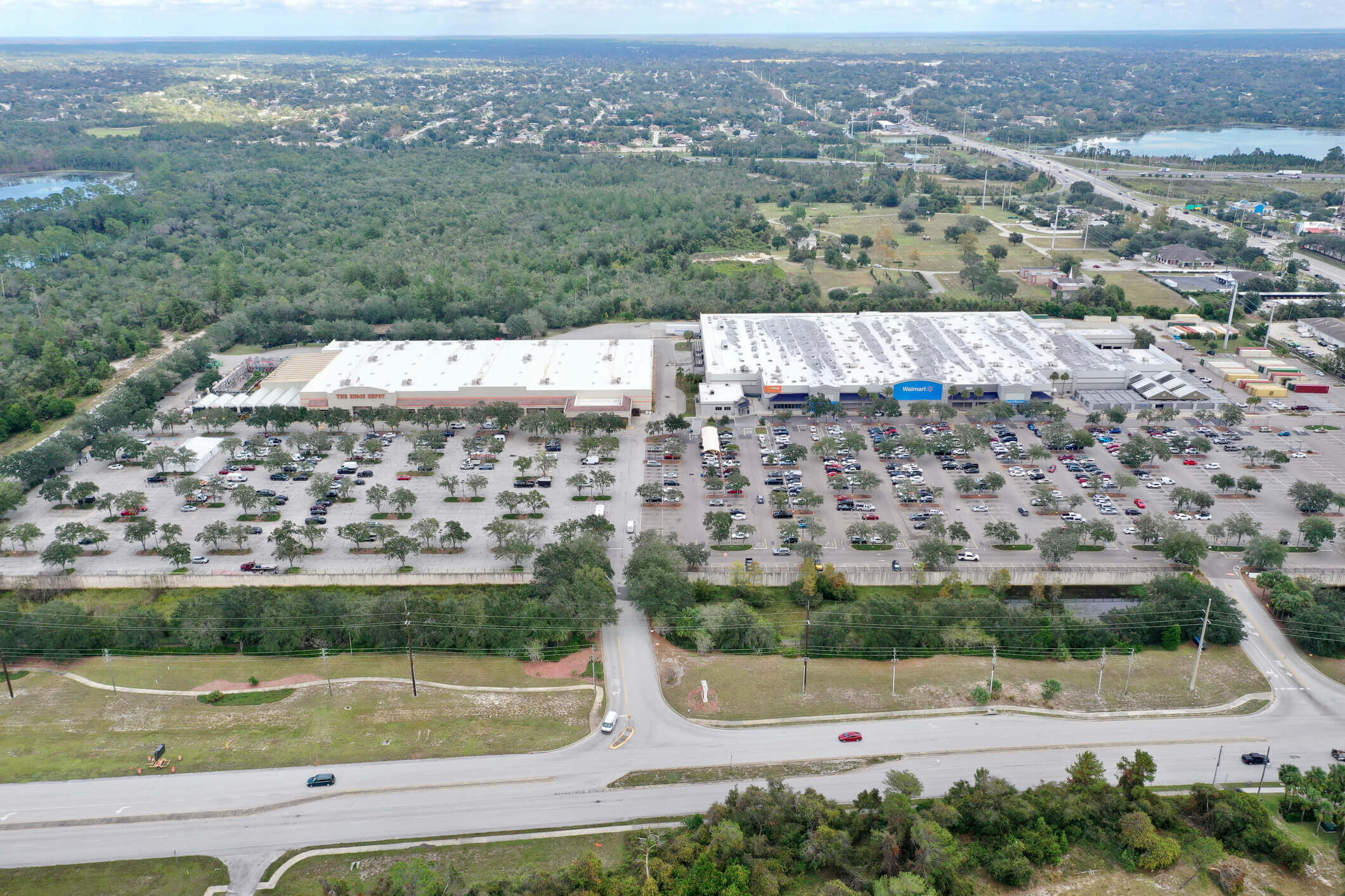 Walmart Superstore aerial view with surrounding parking lot