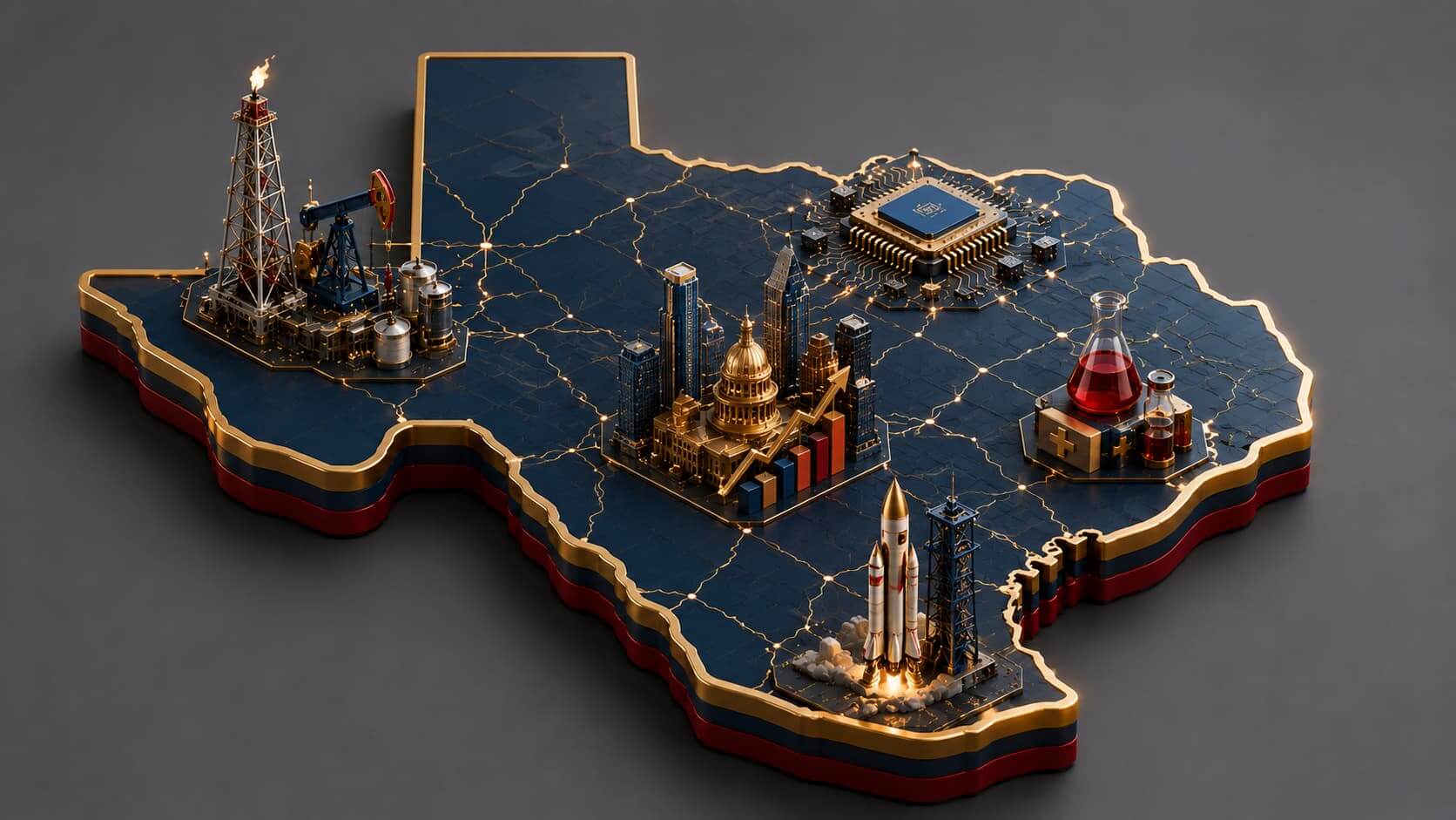 A clean 3D editorial illustration of a large Texas state map outline rendered as a solid bold platform with five distinct industry elements rising from different regions across the state