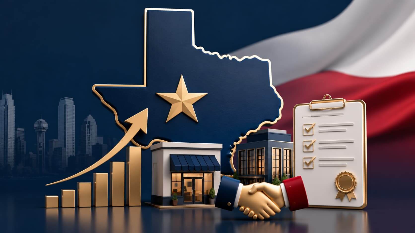 A clean, modern editorial illustration representing Texas small business growth and economic incentives