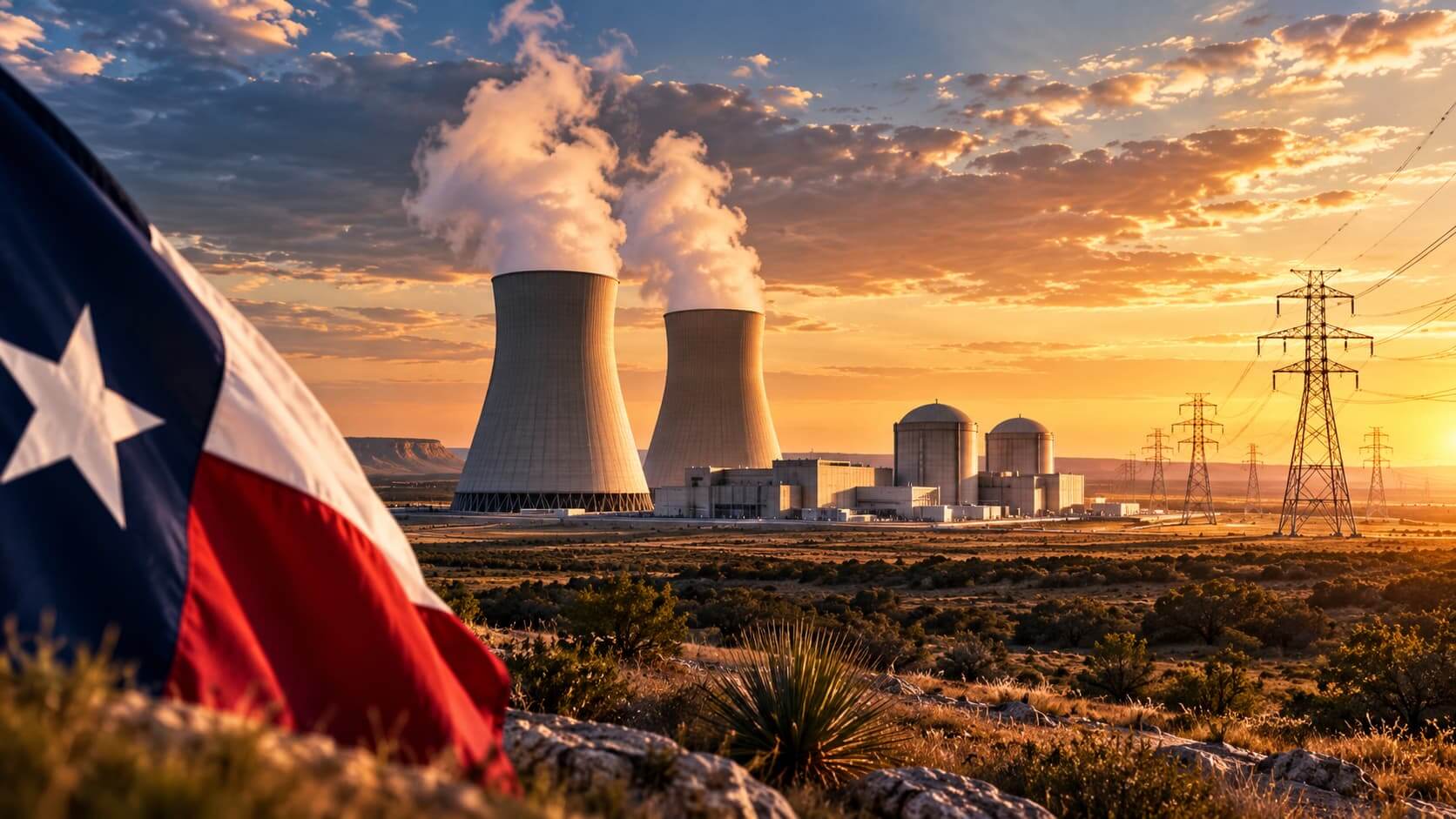 stylized nuclear power facility or cooling towers on the horizon at golden-hour lighting, with a subtle Texas landscape (open plains, big sky) in the background