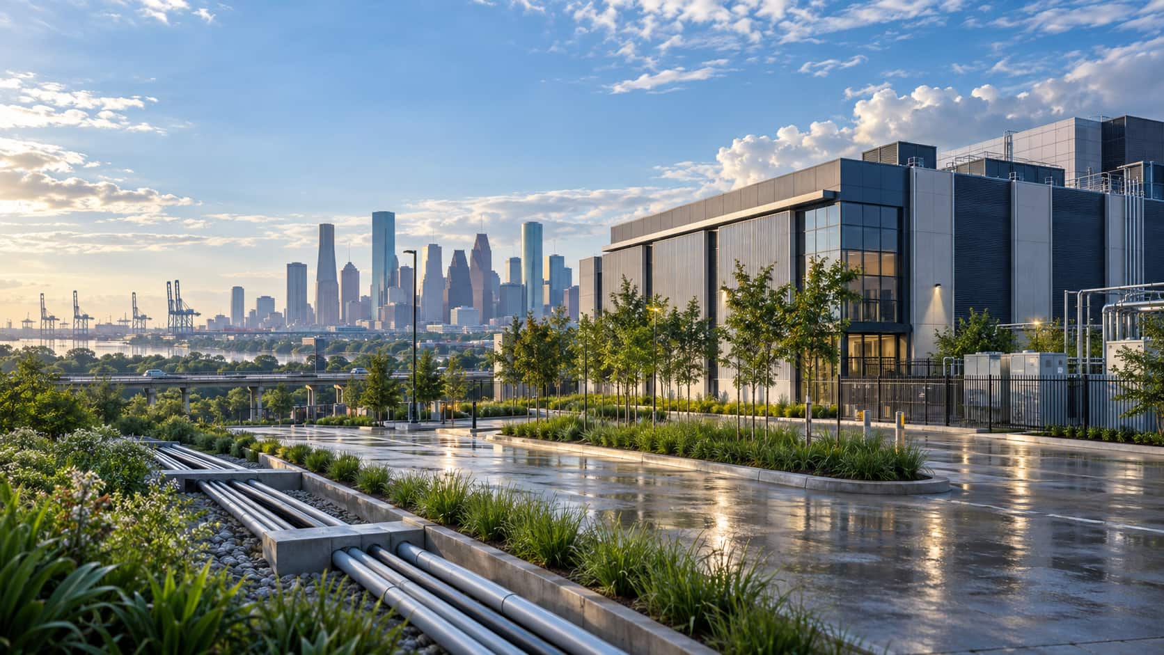 Conceptual view of a Houston data center with the city skyline and Gulf Coast infrastructure in the background