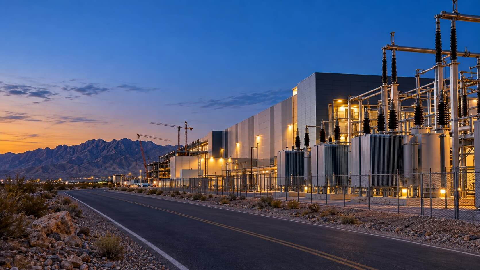 Conceptual ground-level view of a data center and electrical infrastructure near the Franklin Mountains in El Paso.