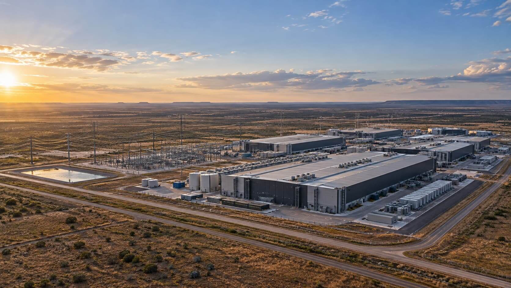 Conceptual aerial view of a large AI data center campus and power infrastructure on the Texas plains.